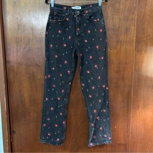 Reformation Black Straight Cut Denim w Red Embroidered Roses size 25